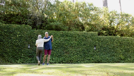 happy biracial senior couple dancing in sunny garden