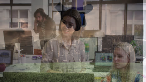animación del icono de la mano sobre diversas mujeres de negocios en la oficina y el paisaje urbano