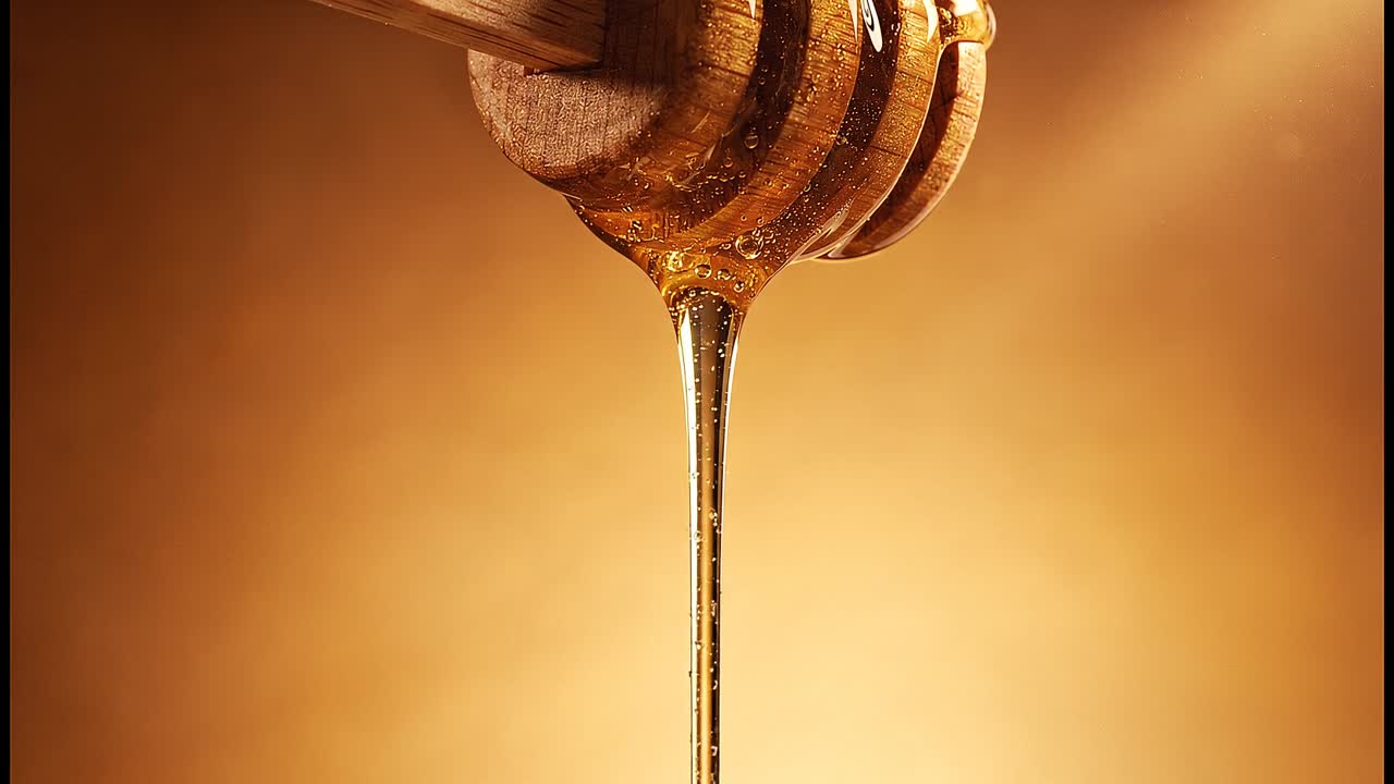 Miele dorato che cola da un mestolo di legno in un primo piano, evidenziando una consistenza liscia e una superficie lucida.