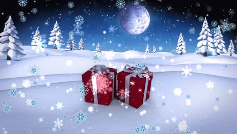 Animation-Von-Schnee,-Der-über-Weihnachtsgeschenke-In-Einer-Winterlandschaft-Fällt