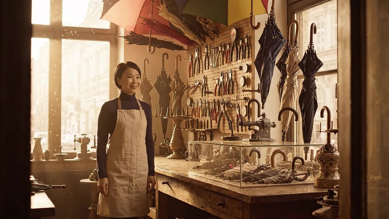 Oficina Encantadora de Artesão: Um Habilidoso Fabricante de Guarda-Chuvas em um Espaço Aconchegante Rodeado por Guarda-Chuvas Coloridos e Ferramentas de Artesanato, Refletindo a Arte Tradicional.