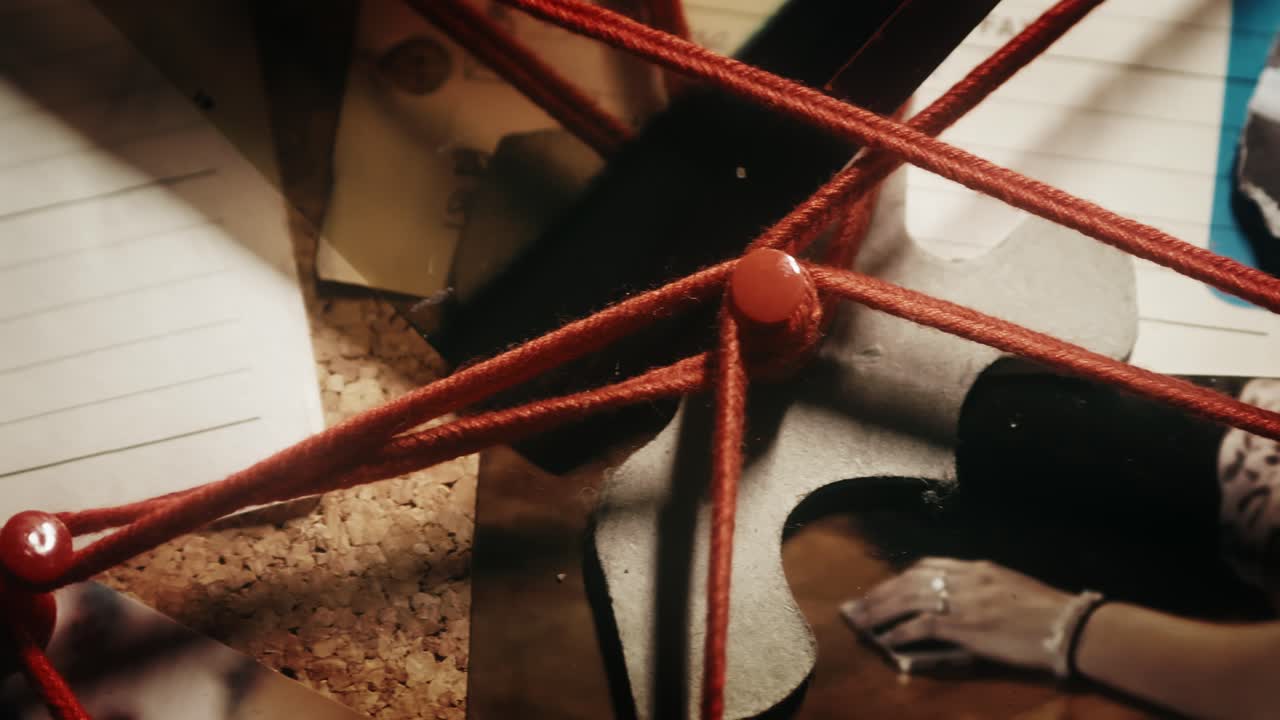 Close pan shot of the investigative board with crime scene photos and red strings connecting the evidence
