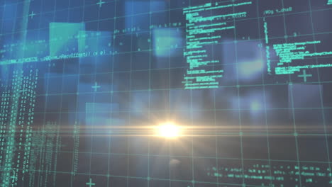 digital animation of spot of light and data processing over grid network against blue background