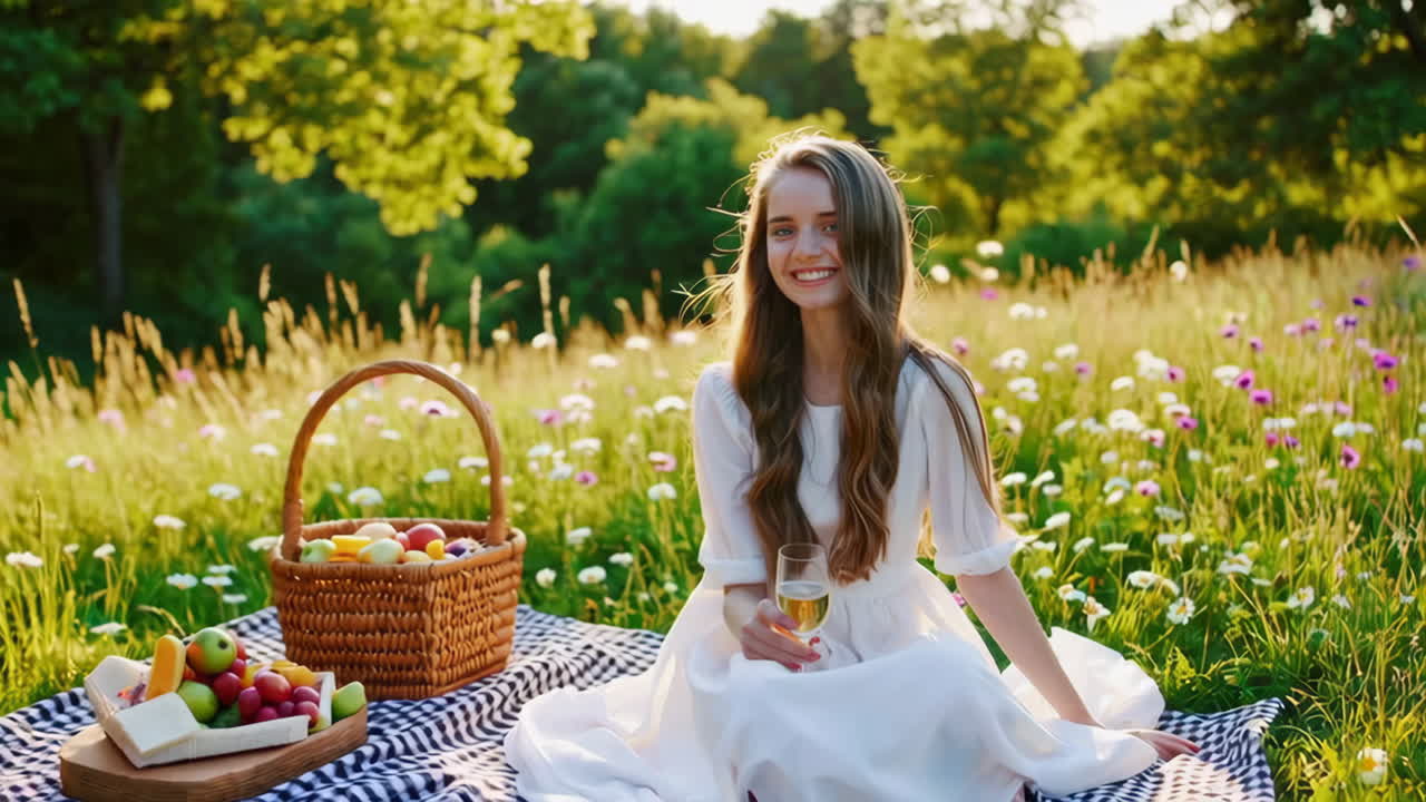 Happy young woman enjoying a golden hour picnic with wine in a flower field