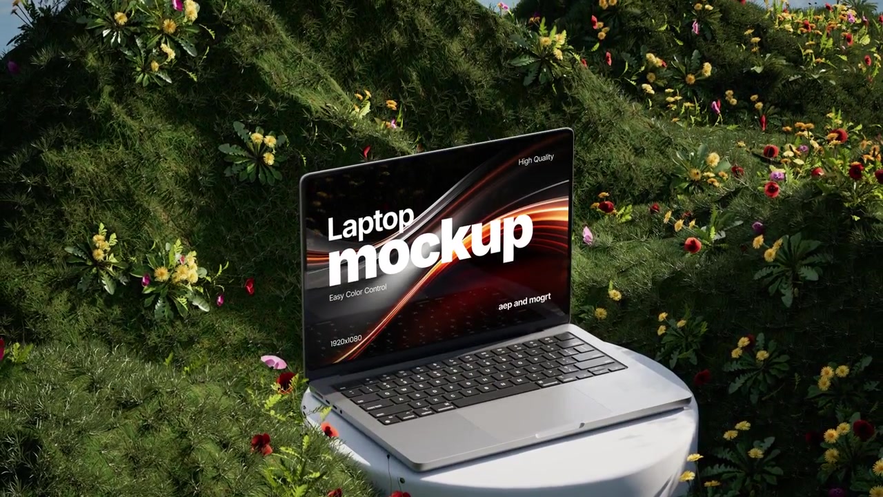 Mockup Laptop Tampil di Atas Alas di Padang Rumput Hijau Subur.