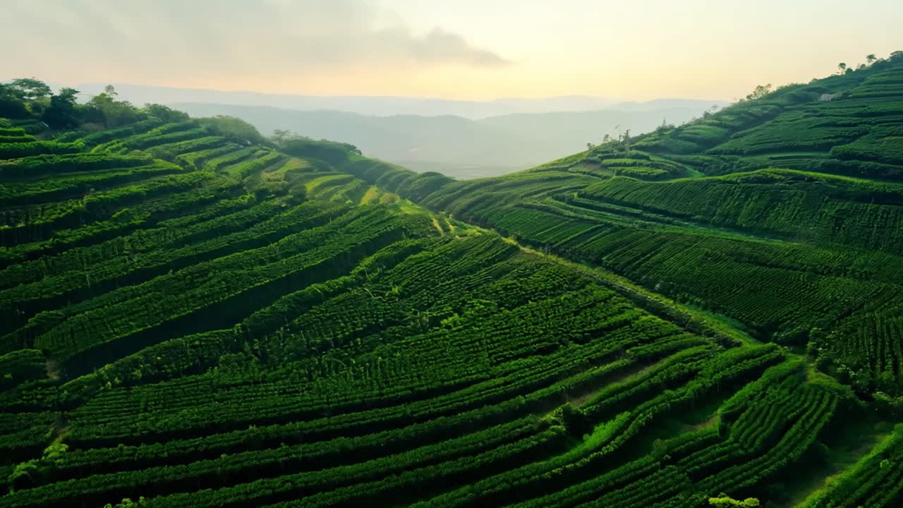 Vista aerea di un paesaggio di piantagione di tè verde
