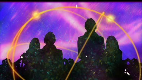 two silhouetted performers dancing under neon arc installation with swirling lights, flat design