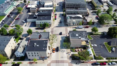 Downtown-Port-Washington,-Wisconsin-4K-Aerial-