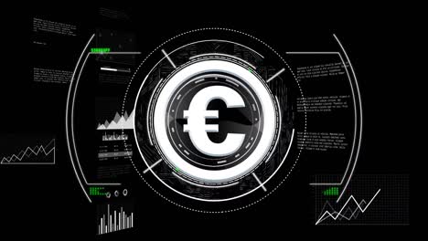 Animation-of-euro-symbol-over-data-processing-on-black-background