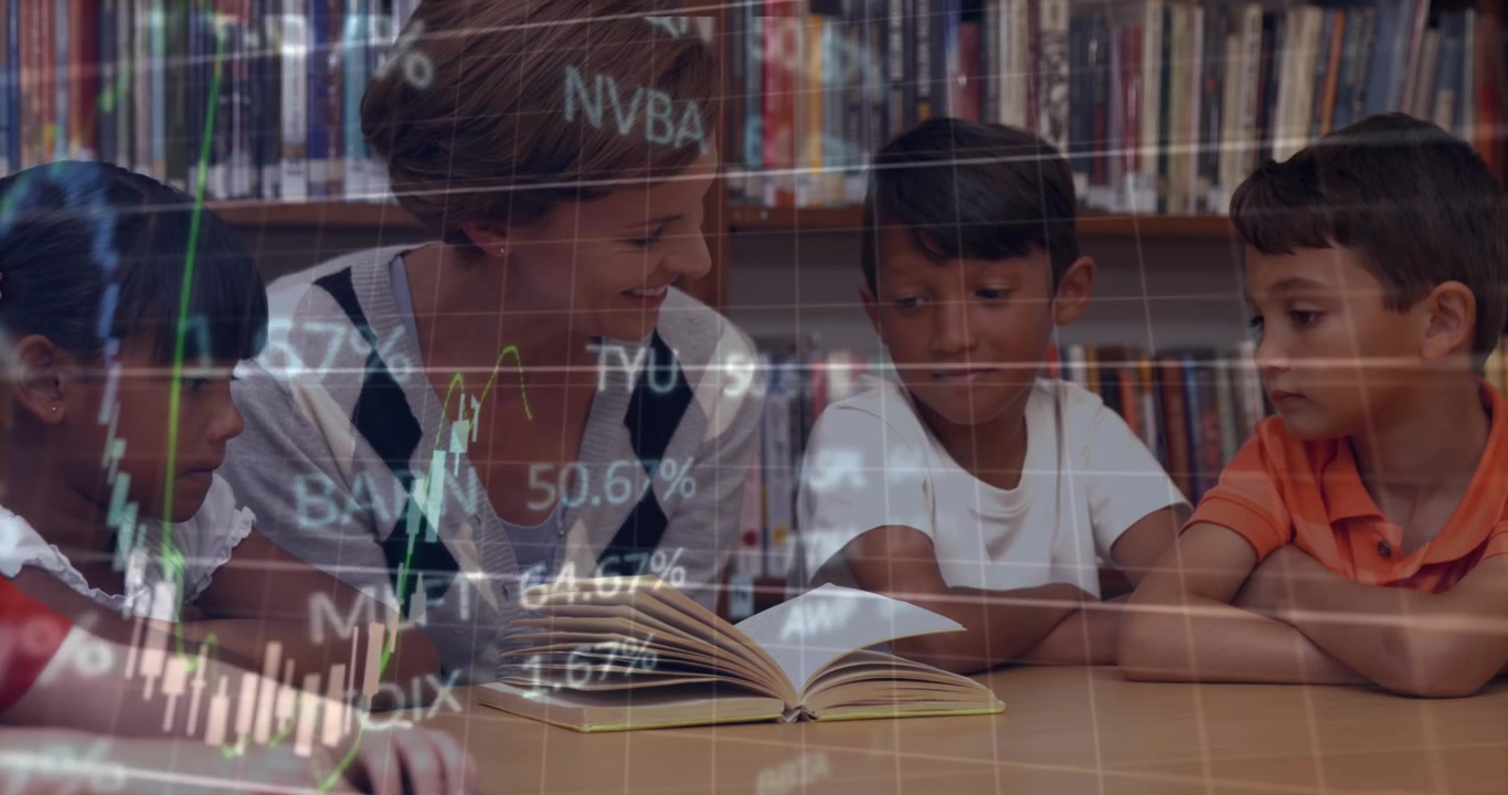 Animation of connections and data processing over happy diverse students using laptop