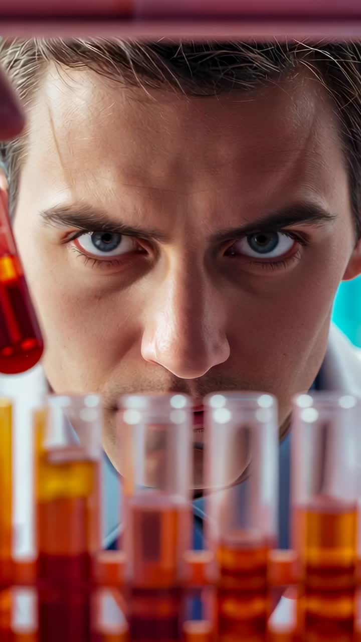 Vertical video: Moving behind rack tech peering and evaluating orange test tubes at bench, lab coat