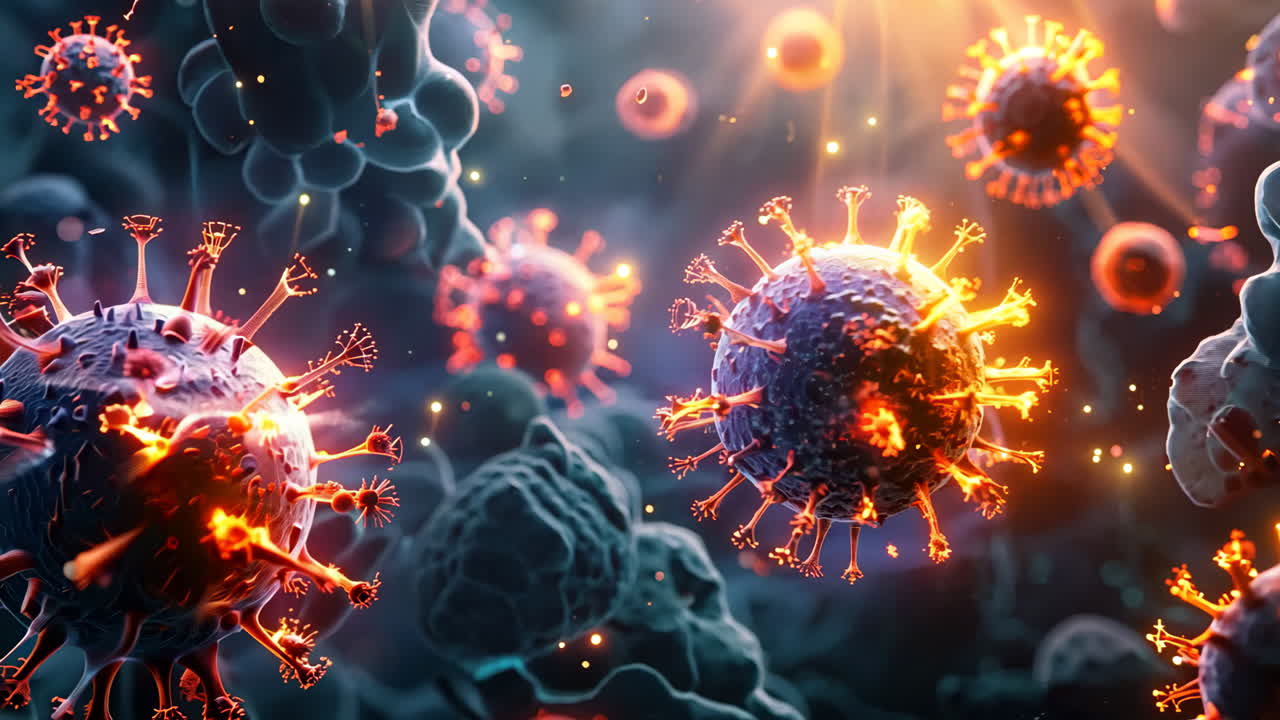 A bunch of glowing viruses are floating in the air. The viruses are orange and yellow, and they are surrounded by a blue background. The scene is chaotic and unsettling