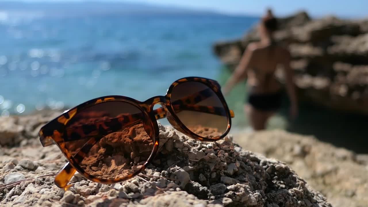 Gafas de sol con vista al mar, mujer nadando, ambiente vacacional relajante junto al mar.