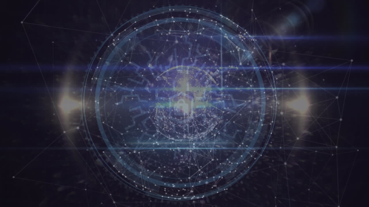 animación de texto de seguridad cibernética, procesamiento de datos y conexiones con el globo