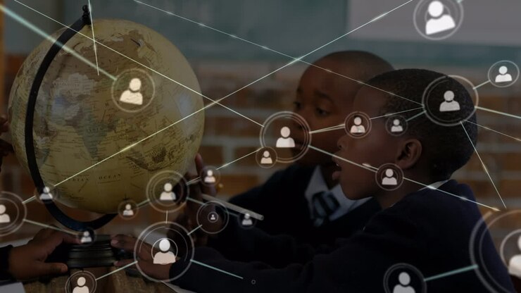 Animazione di rete di connessioni su bambini scolari afroamericani con globo