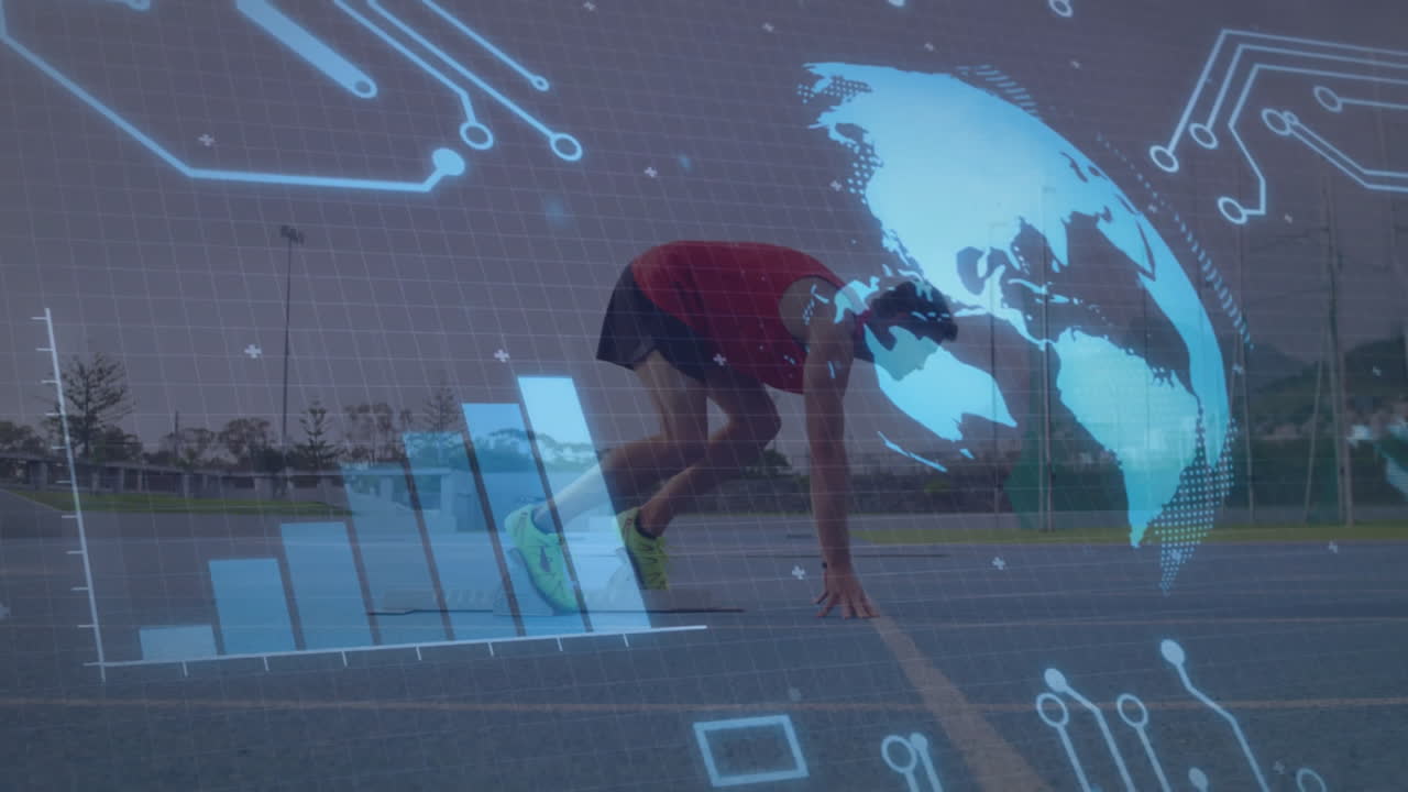Male athlete crouching at track start, displaying animated technology bar chart and grid lines