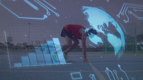 male athlete crouching at track start, displaying animated technology bar chart and grid lines