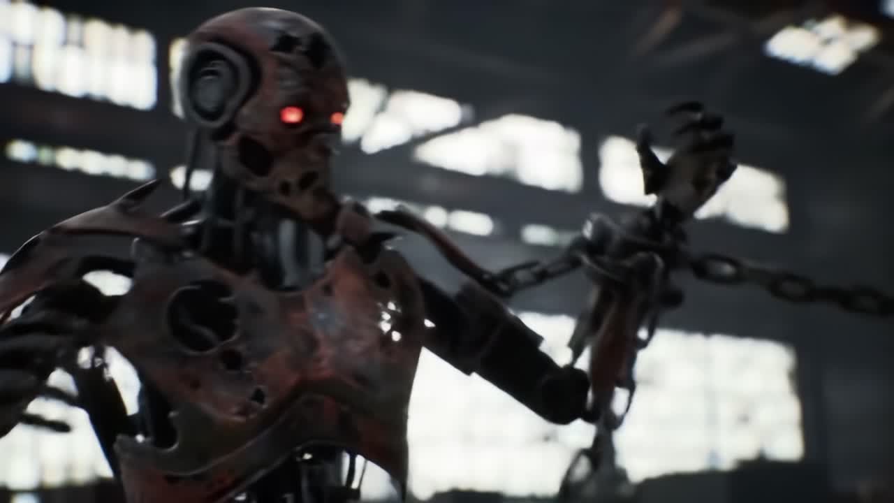A Rusted Mechanical Creature Shows Its Menacing Side While Breaking Free from Chains in a Dark, Abandoned Workshop Filled with Shadows and Rusty Equipment