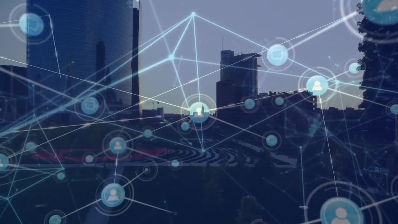 Animation of network of connections with icons over cityscape