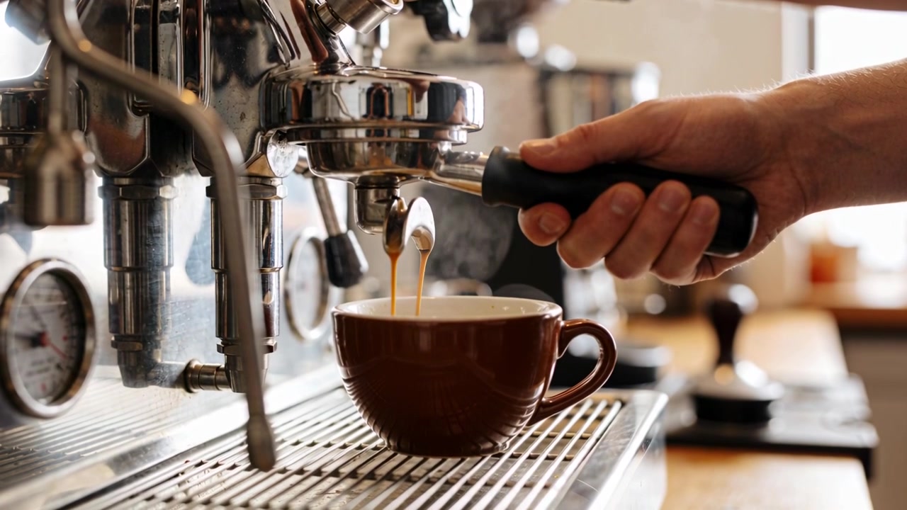 Mani di barista con orologio che fissano il portafiltro al bancone, l'indicatore sale, riempiendo una tazza marrone.