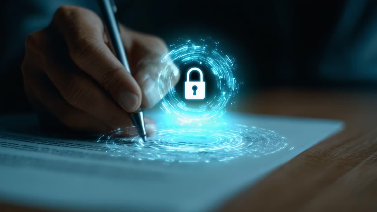 A Hand Signing a Document with a Digital Lock Icon Symbolizing Security and Protection of Important Information in a Modern Digital Context