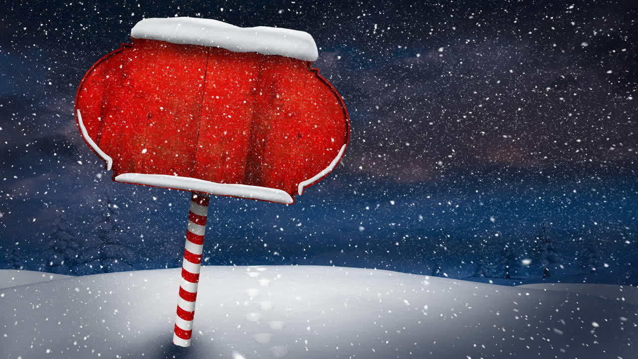 Video composition with snow over winter scene with red blank sign