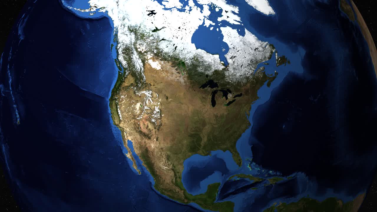 Animation zooms from Earth to highlight major U.S. landmarks with smooth transitions and vibrant colors