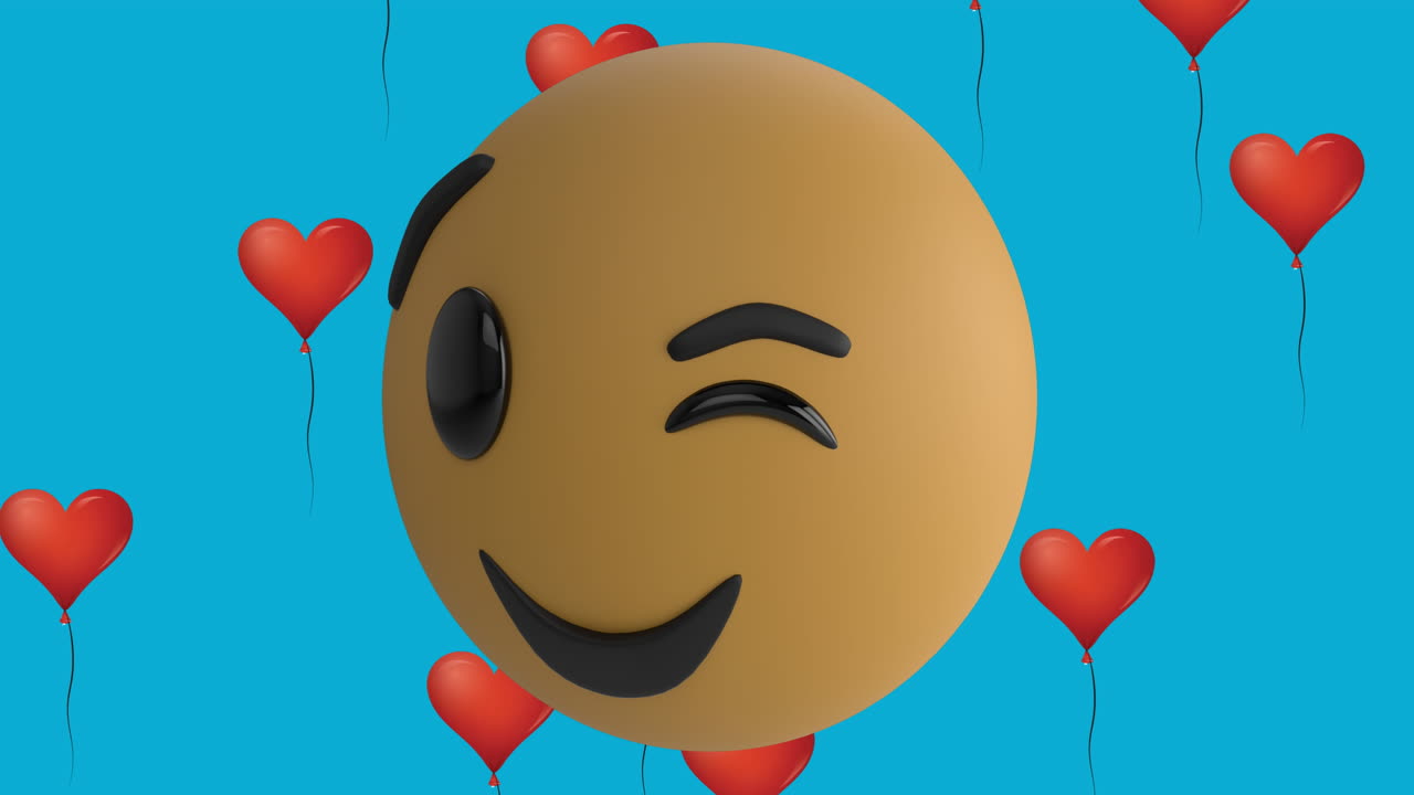 Animation of smiling emoji icon with red heart balloon icons on blue background