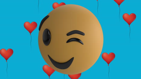 animación del icono de emoji sonriente con iconos de globo de corazón rojo en fondo azul