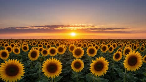 a breathtaking sunset over a vibrant field of sunflowers, capturing nature's beauty and tranquility as the sun dips below the horizon in a golden glow