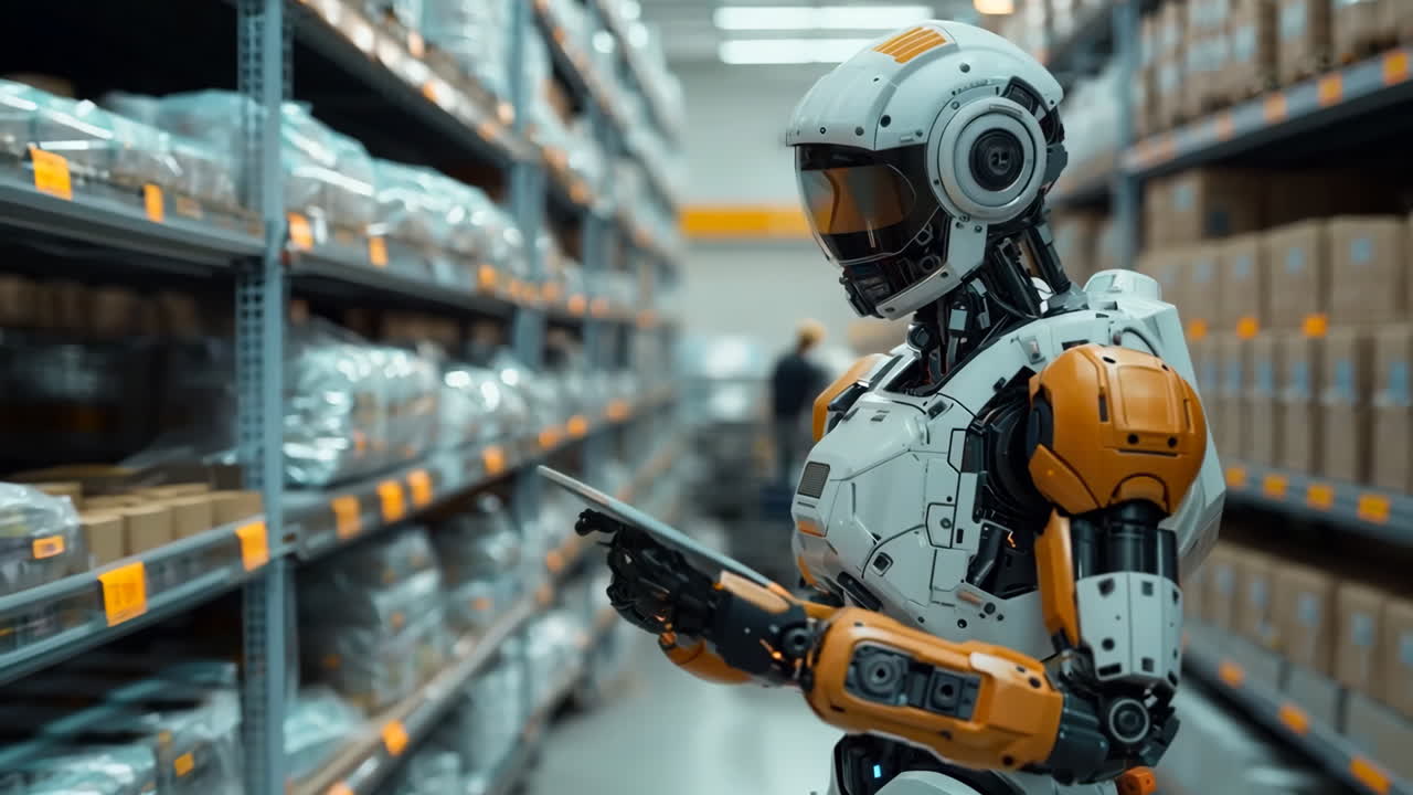 Robot Inventory Management in Modern Warehouse Environment. A robot conducts inventory checks in a well-organized warehouse aisle.