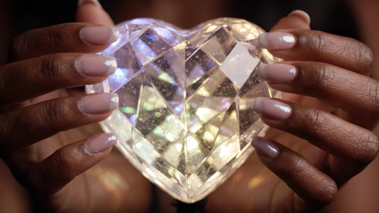 Coração Iluminado: Um Close-up de Mãos Segurando um Cristal Vibrante em Forma de Coração que Muda de Cor, com Brilho Suave e Efeitos de Reflexo