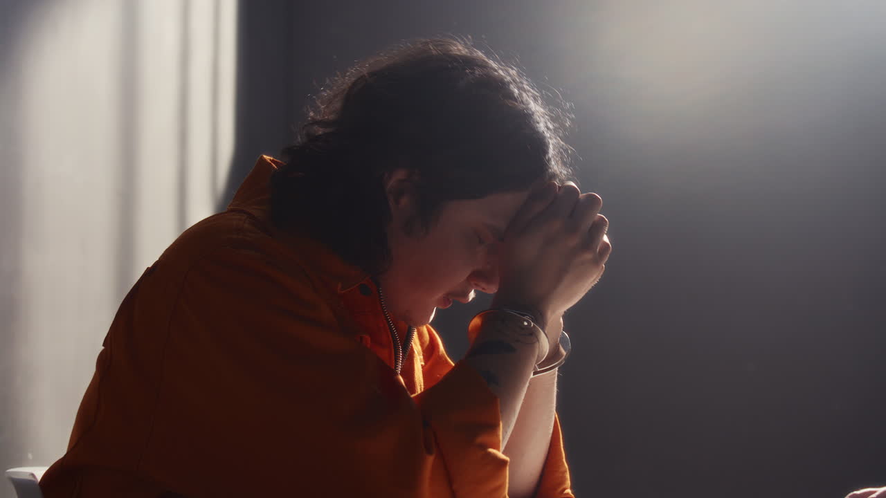 Stressed Inmate Confessing His Guilt during Police Interrogation