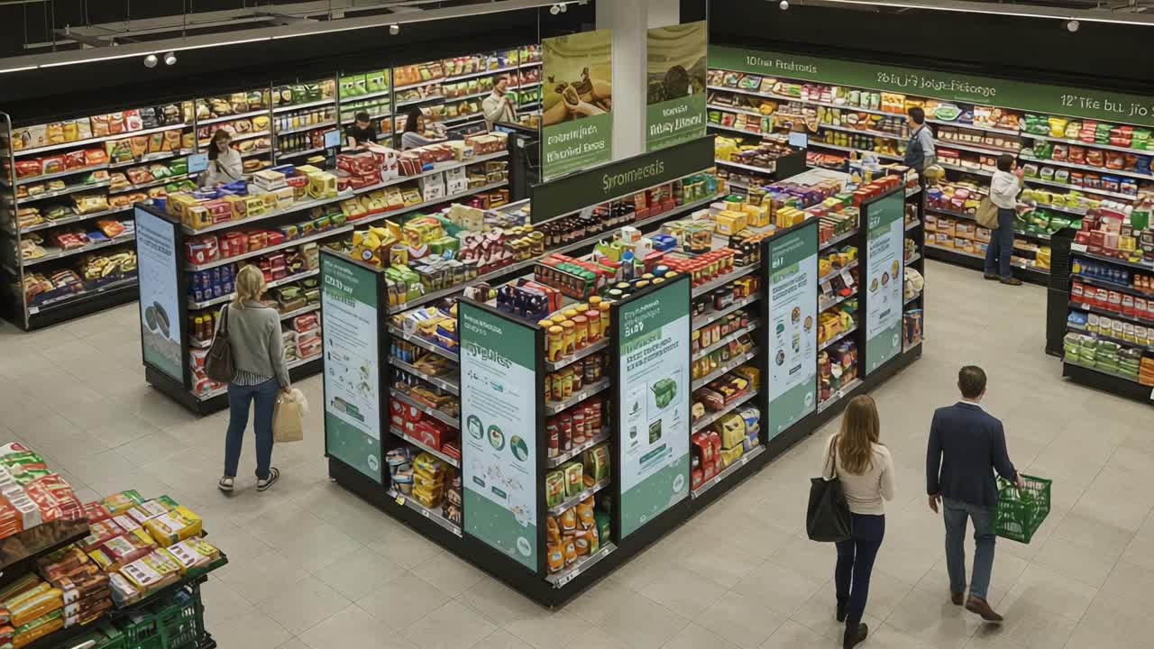 Un’affollata corsia di un negozio di alimentari piena di prodotti colorati, con clienti che si muovono tra prodotti freschi e confezionati in una disposizione ordinata