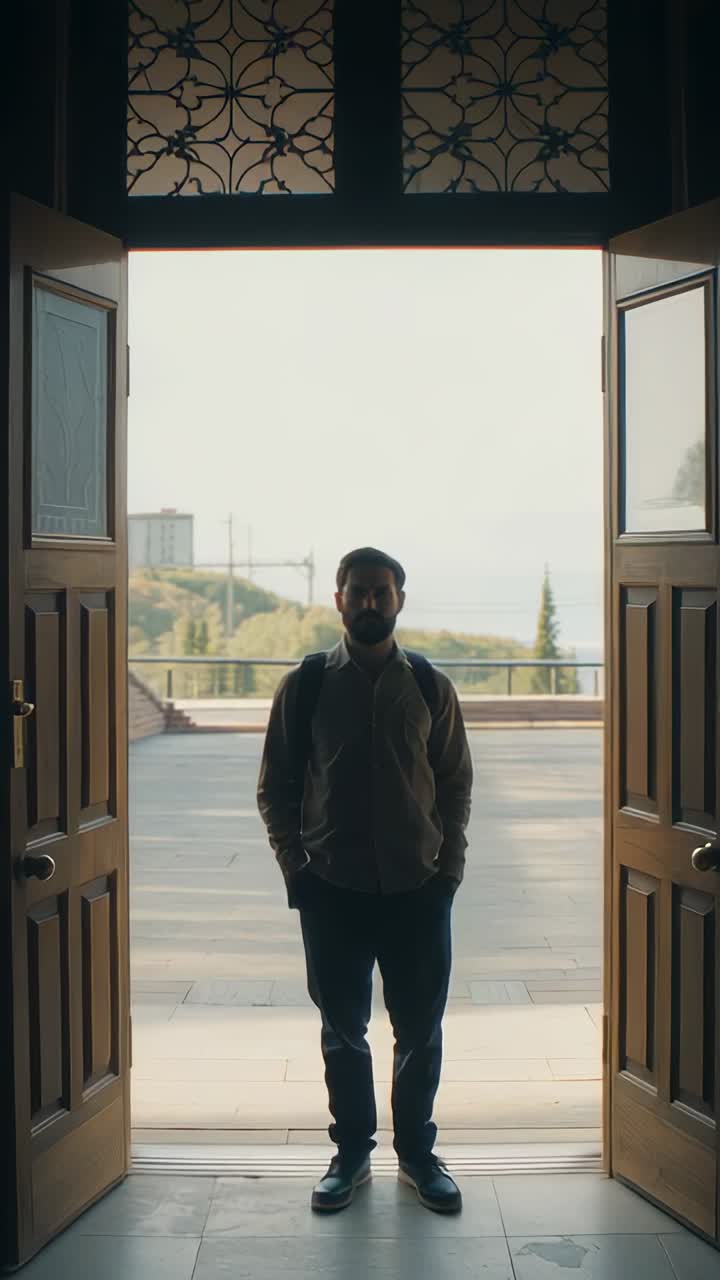 Vertical video: Shifting weight, man with backpack and sweater stepping through doors entering hall