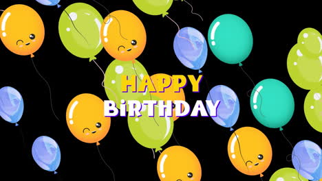 animación del texto de feliz cumpleaños sobre globos coloridos sobre fondo negro