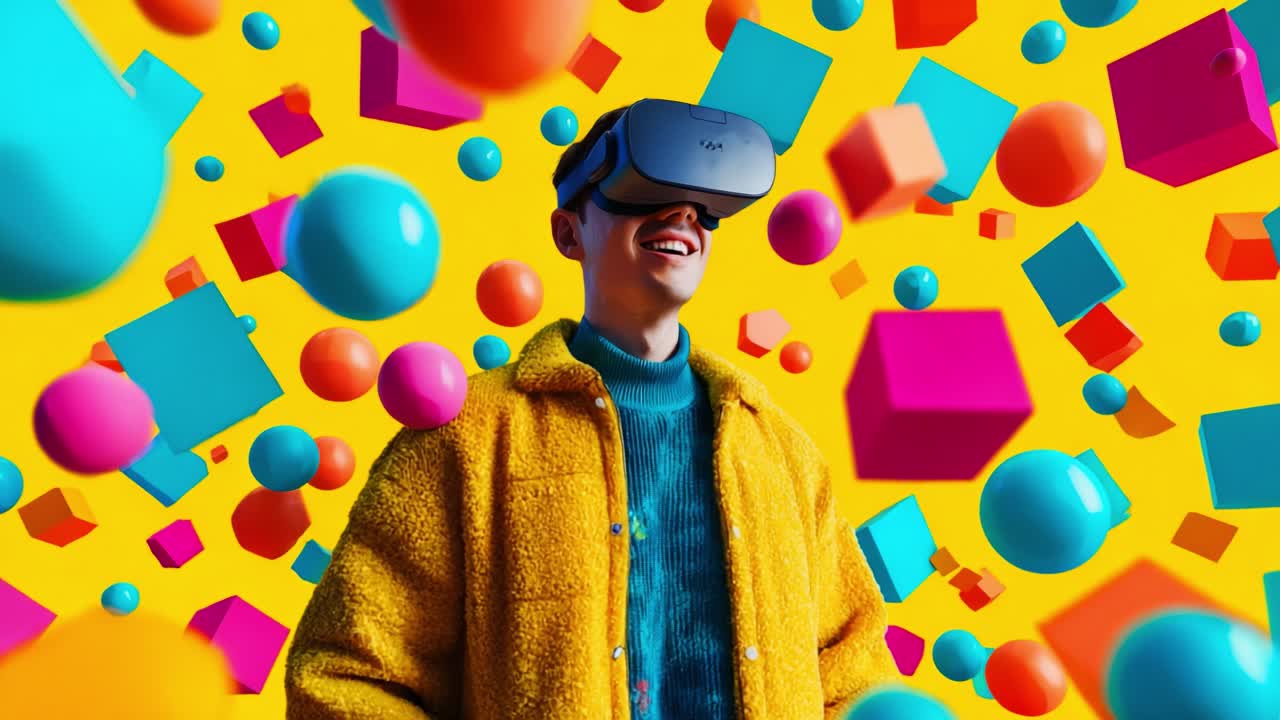 An Enthusiastic User Experiences Virtual Reality Surrounded by Colorful Shapes and Objects, Deeply Engaged in an Immersive Digital Environment with Energetic Visuals and Playful Composition