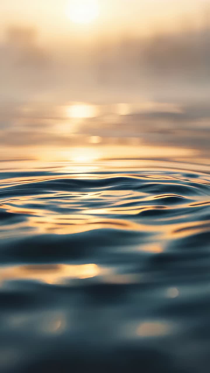Vertical video: Rippling calm water revealing soft ripples at sunrise, with sun glint and haze