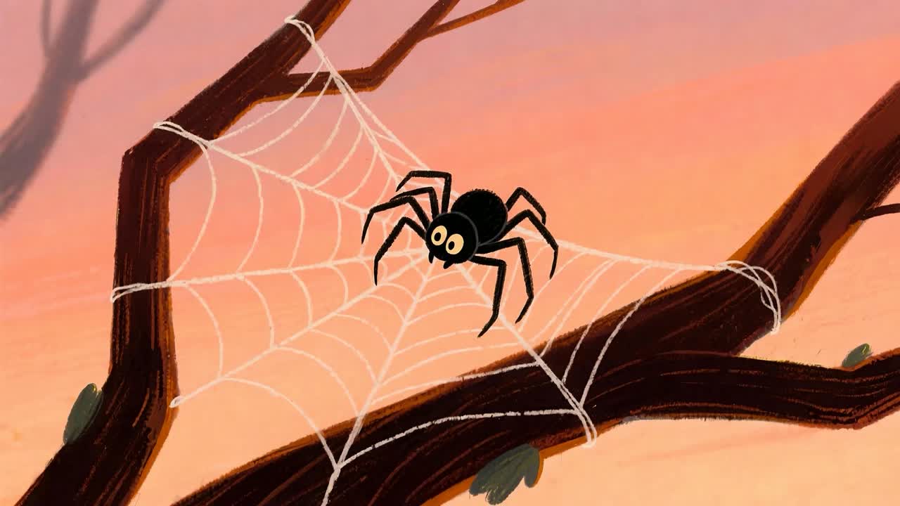 Spider slowly descending on its thread in a web between branches