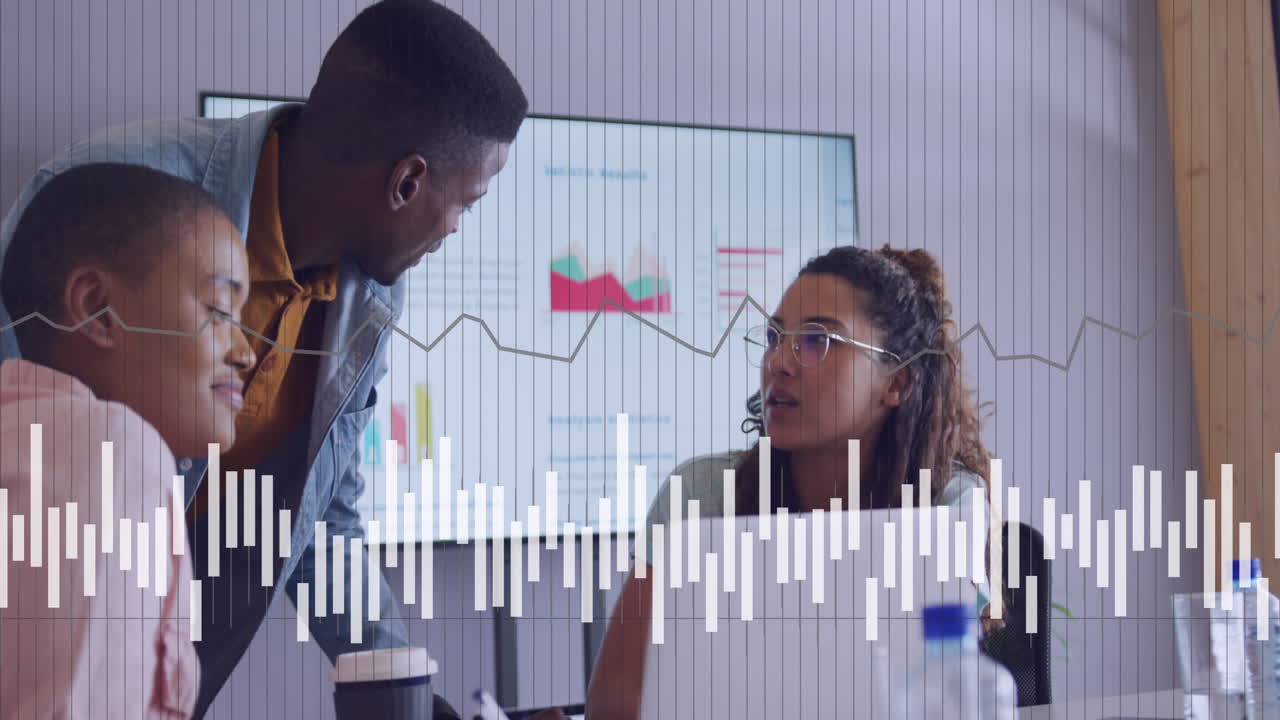 Animation of data processing over diverse business people in office