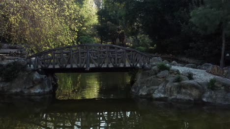 Small-Wooden-Bridge-Over-Garden-Lake-With-White-Ducks-In-Summer