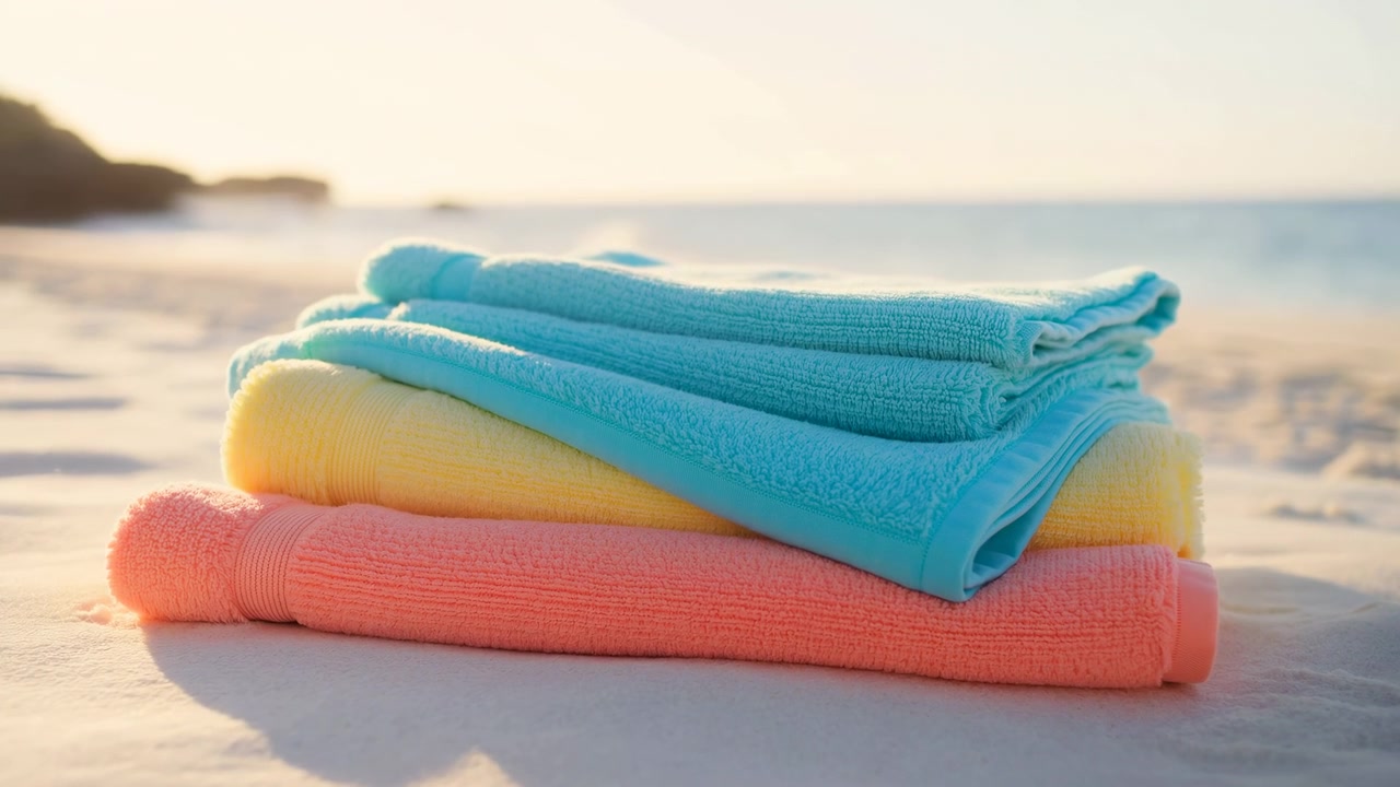 Pila di tre asciugamani da spiaggia piegati poggiati su sabbia bianca accanto a una dolce battigia, con colori corallo, giallo pallido e turchese, anelli di spugna visibili, orli cuciti, ombre morbide e sereno.