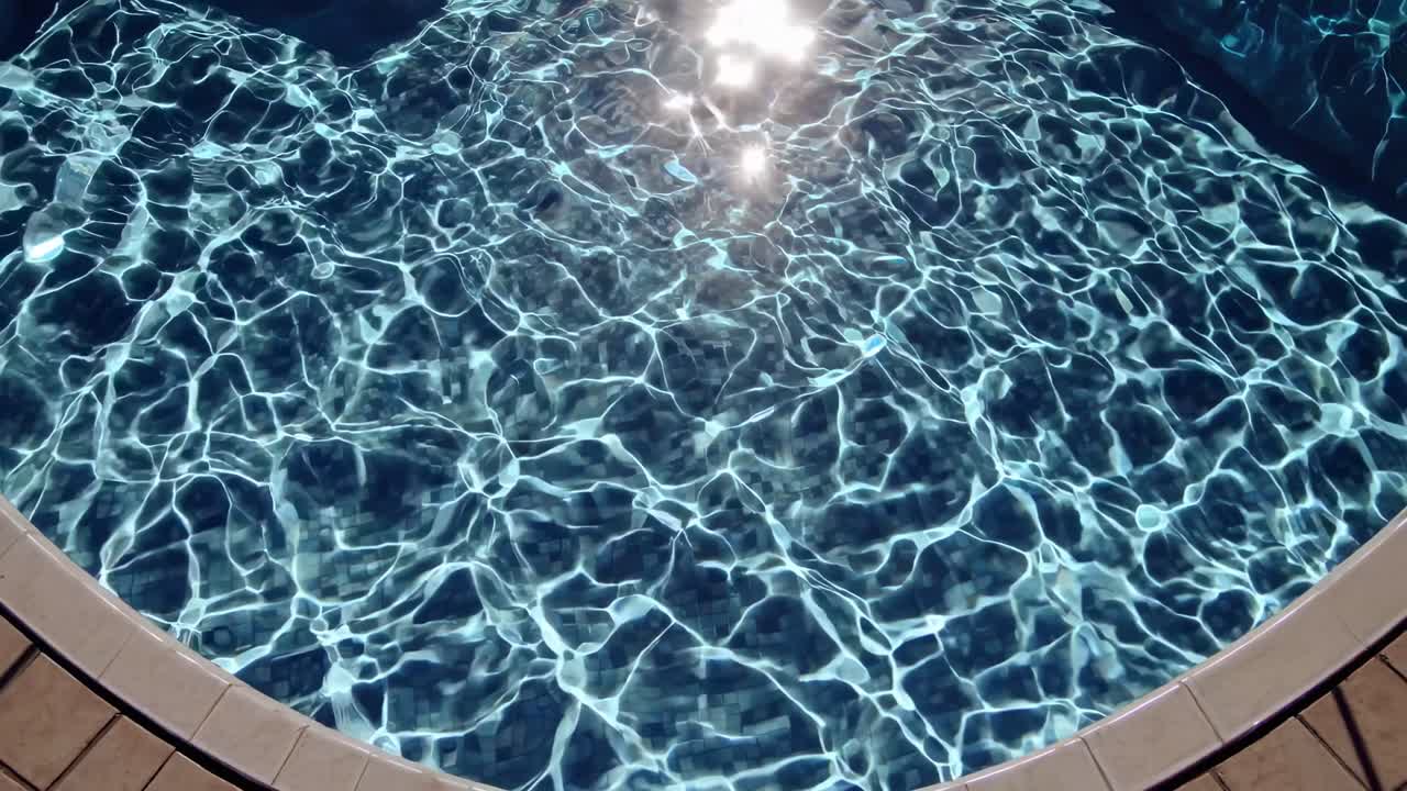 Pemandangan udara cahaya matahari memantul di air kolam yang beriak, menciptakan pola yang memukau.