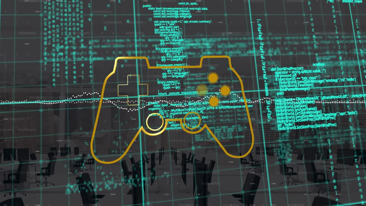 Animação de processamento de dados em uma sala de servidores