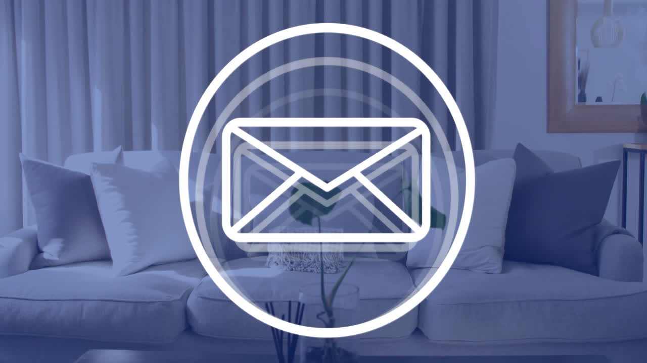 икона анимации над современной гостиной с белым диваном и подушками