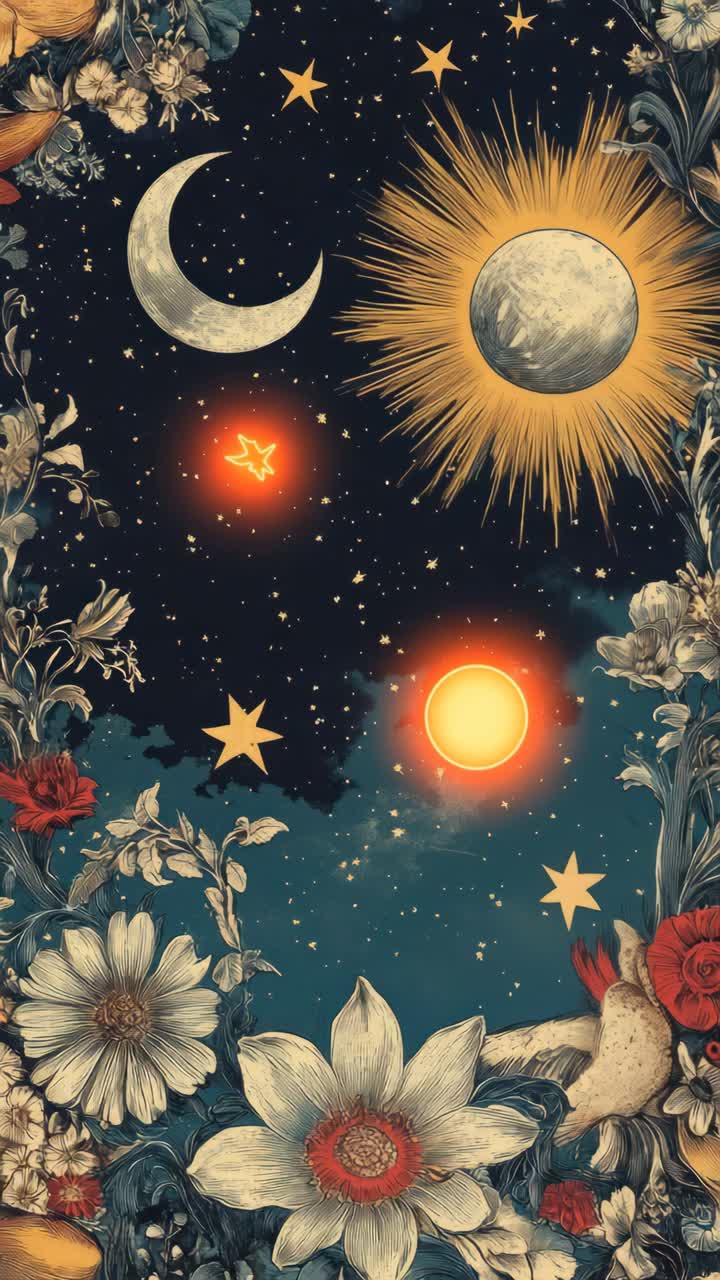 Scena celestiale fantasiosa con sole, luna e stelle circondati da fiori.