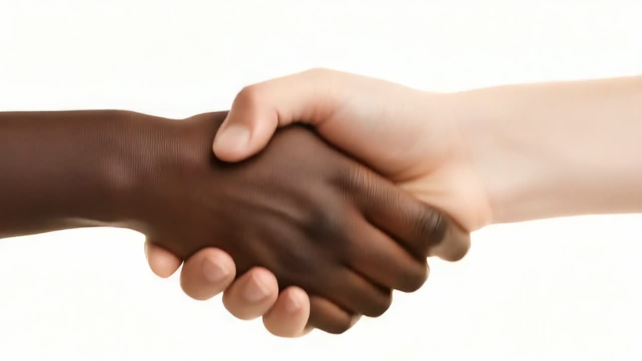 Professional hands engaging in handshake, symbolizing partnership, agreement, and connection against pristine white background, representing teamwork and mutual respect