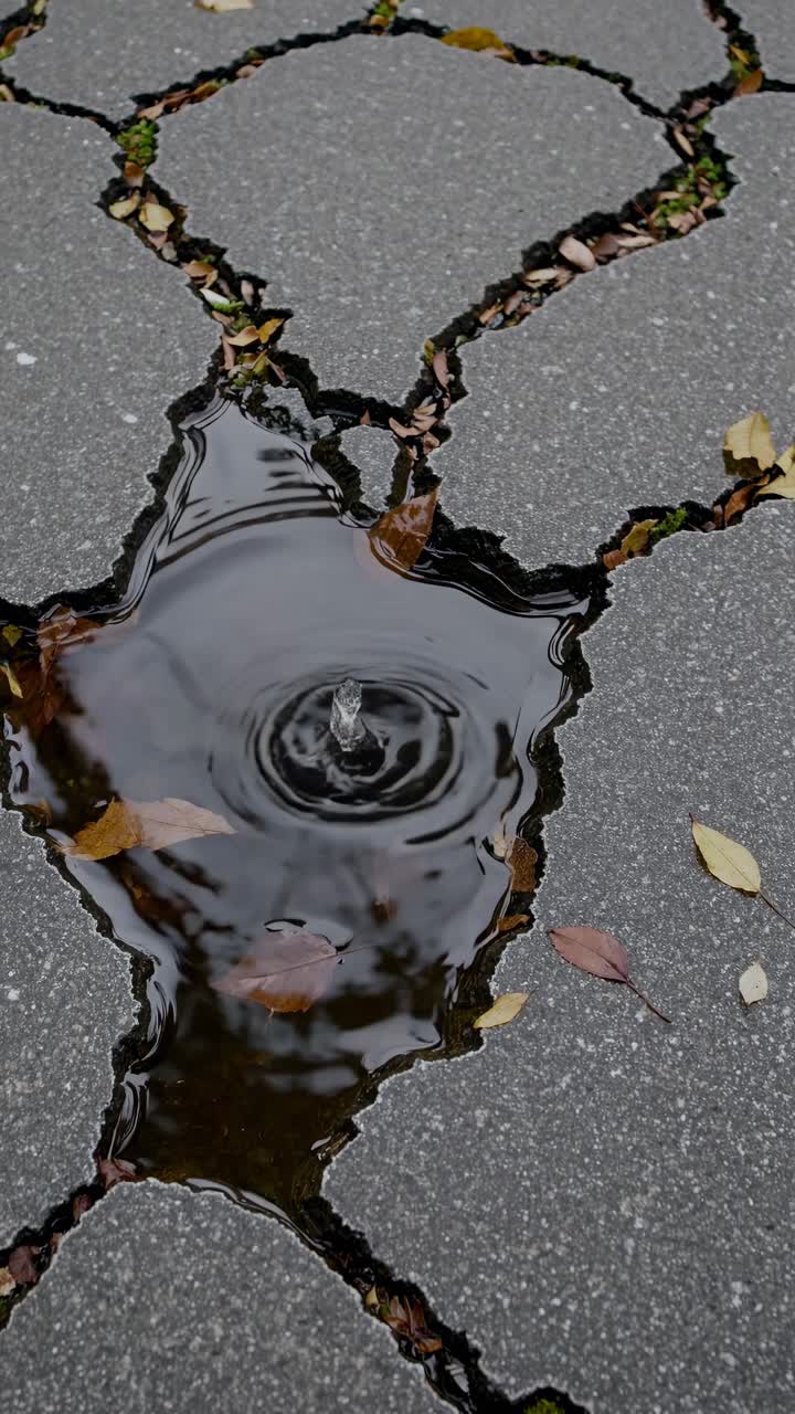 Top-down view of a cracked pavement with water and leaves, creating a dynamic visual