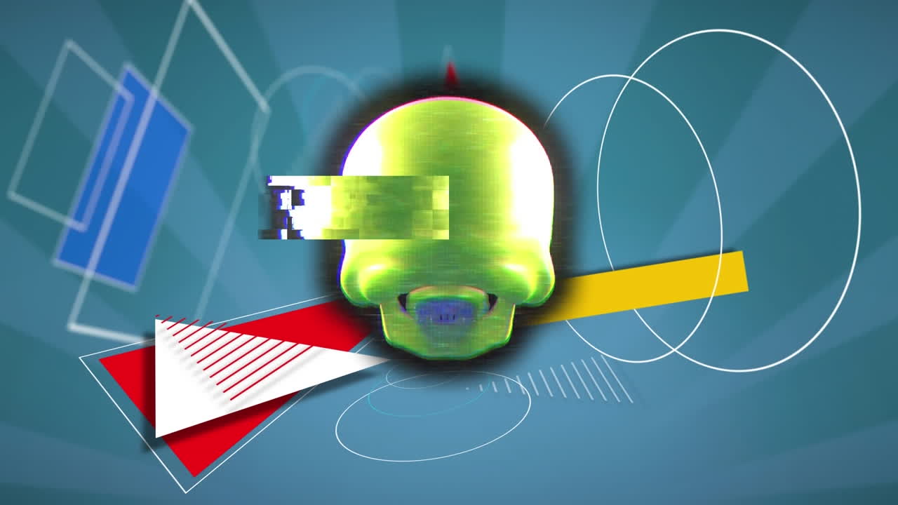 animación de cráneos verdes y formas abstractas sobre un fondo a rayas.