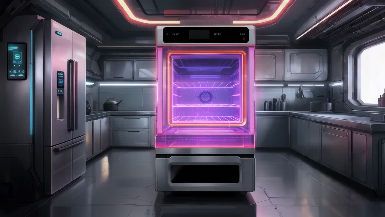 футуристическая кухня с светящимся холодильником